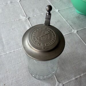 Antique Heinz Etched Glass Beer Stein with Pewter Lid